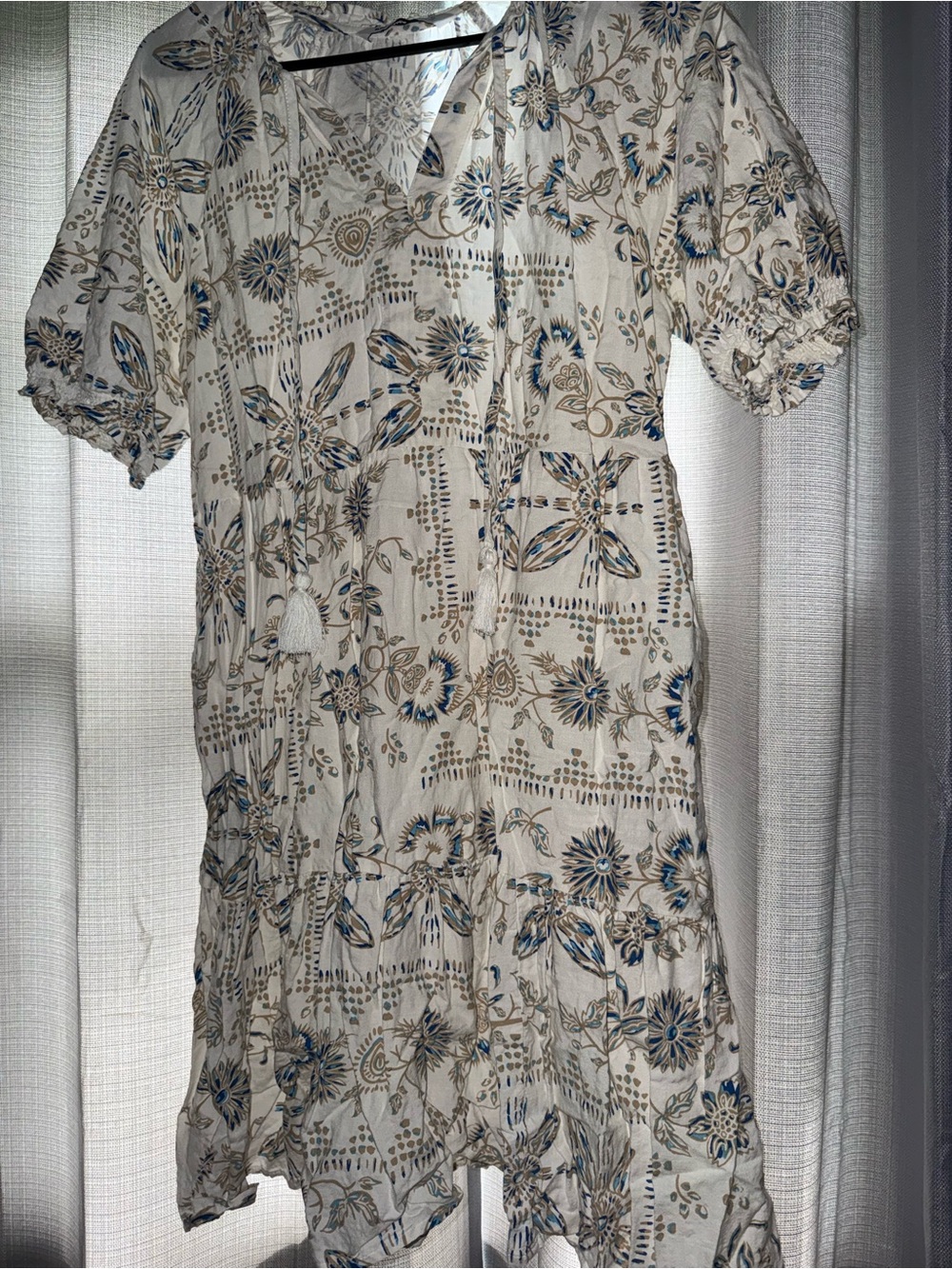 Cream Floral Midi Dress with Blue and Brown Print